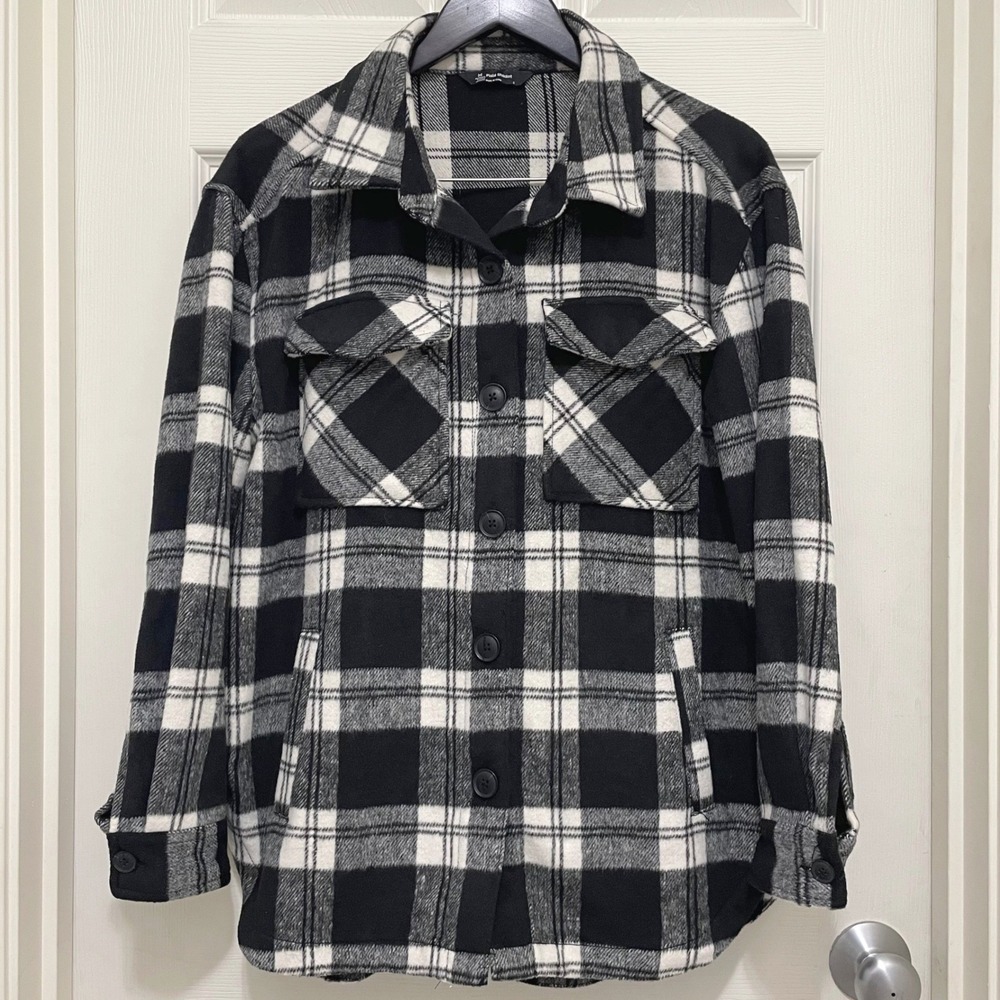 Members Mark Plaid Shacket Button Down Shirt‎ Jacket Black White Oversized Small